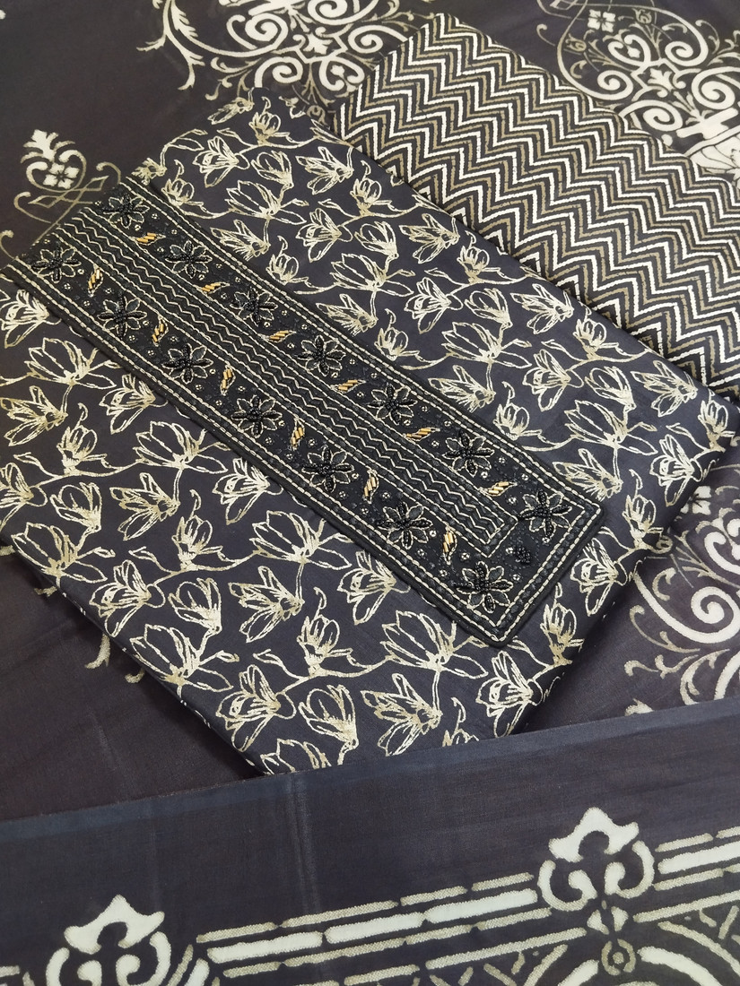 Sublime W Pure Cotton Embroidered, Printed Salwar Suit Material – Black