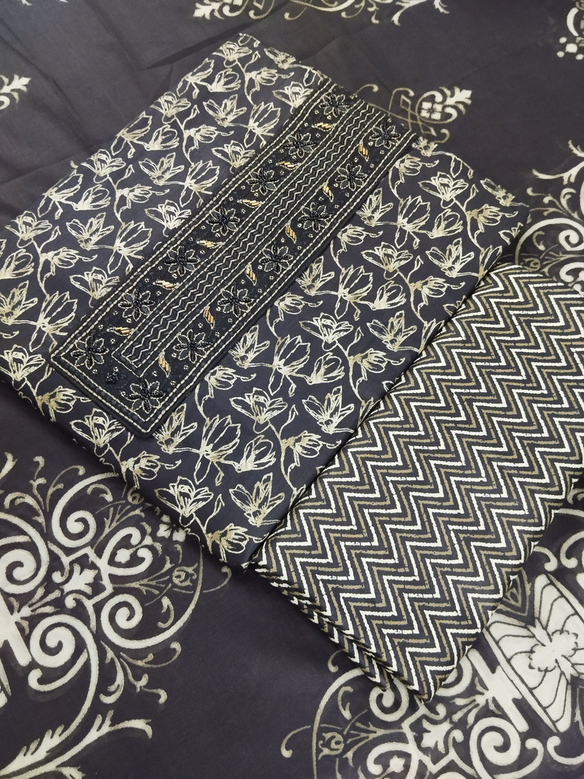 Sublime W Pure Cotton Embroidered, Printed Salwar Suit Material – Black – view 3