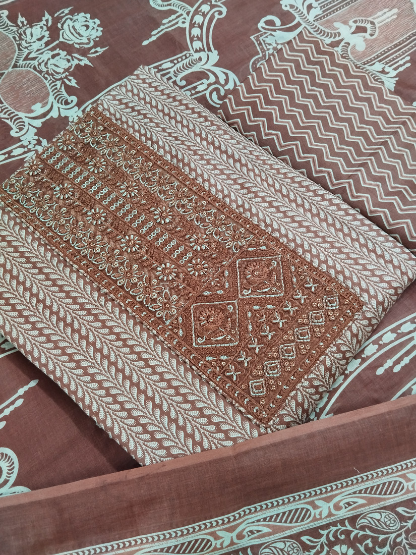 Sublime W Pure Cotton Embroidered, Printed Salwar Suit Material () – Brown