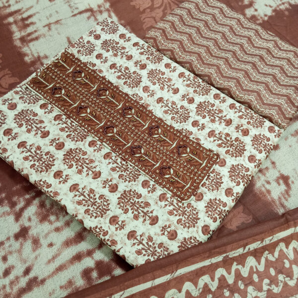 Sublime W Pure Cotton Embroidered, Printed Salwar Suit Material () – Brown
