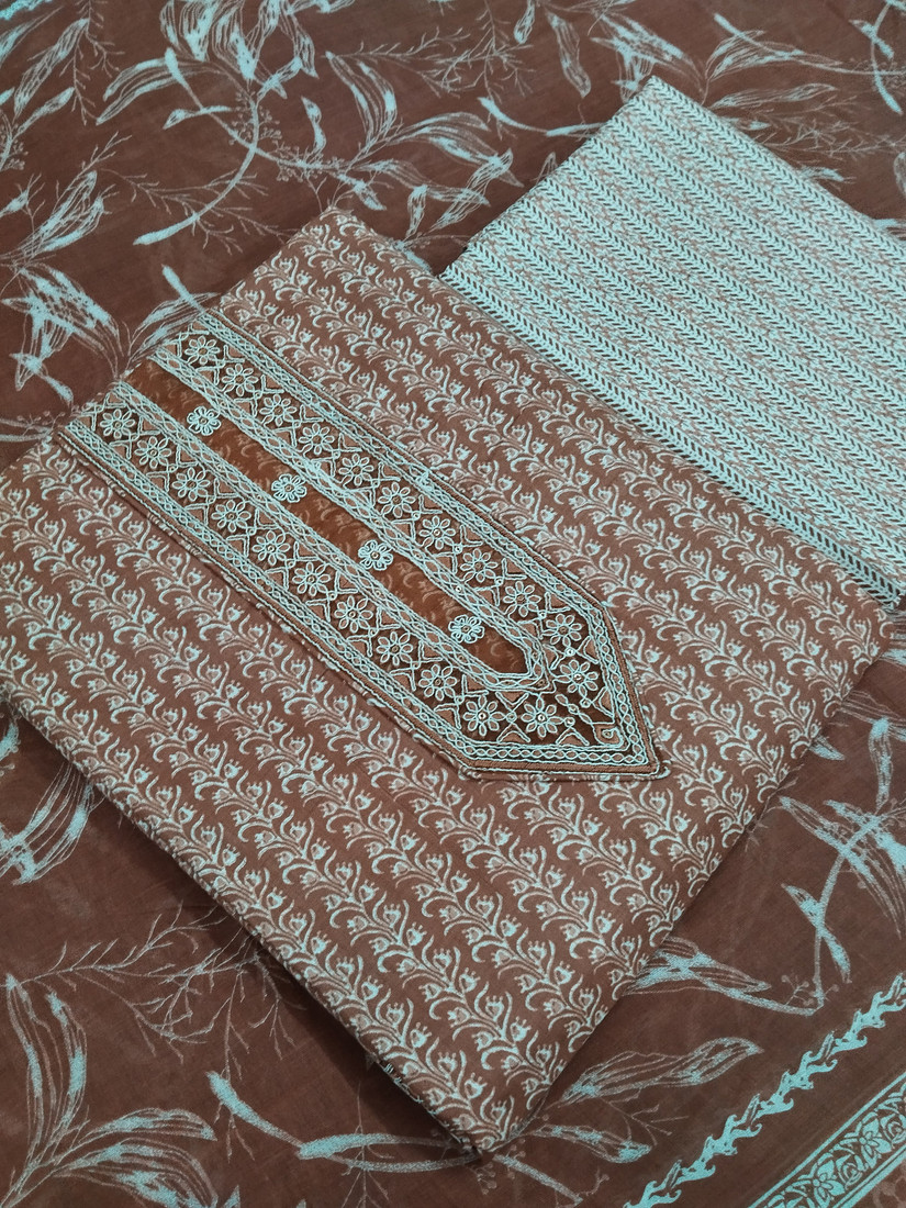 Sublime W Pure Cotton Embroidered, Printed Salwar Suit Material – Brown-S – view 2