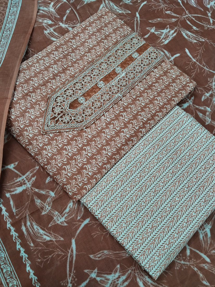 Sublime W Pure Cotton Embroidered, Printed Salwar Suit Material – Brown-S – view 3