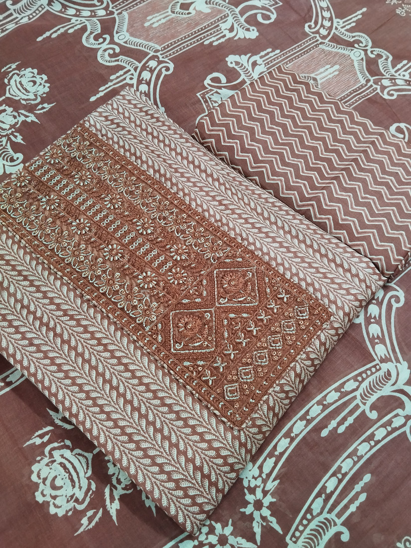 Sublime W Pure Cotton Embroidered, Printed Salwar Suit Material () – Brown – view 2