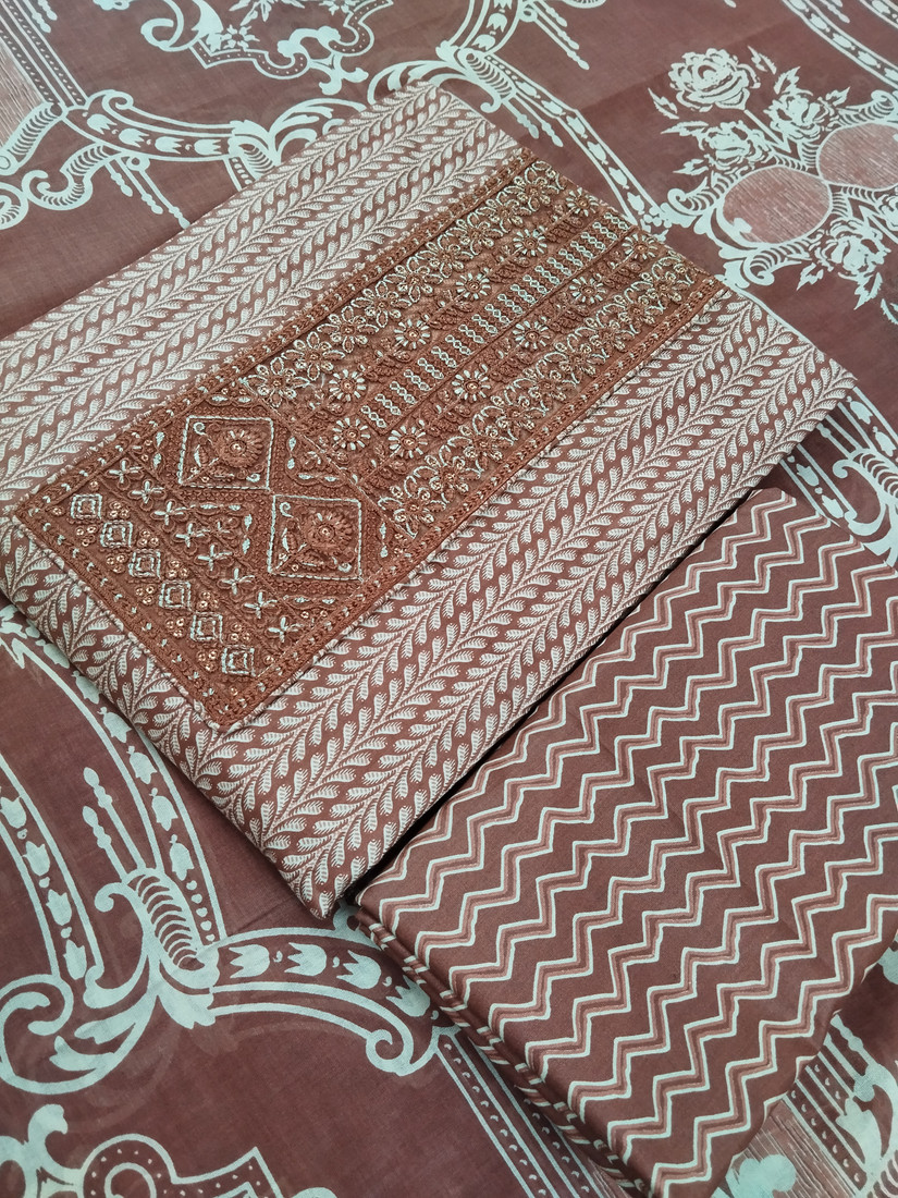 Sublime W Pure Cotton Embroidered, Printed Salwar Suit Material () – Brown – view 3