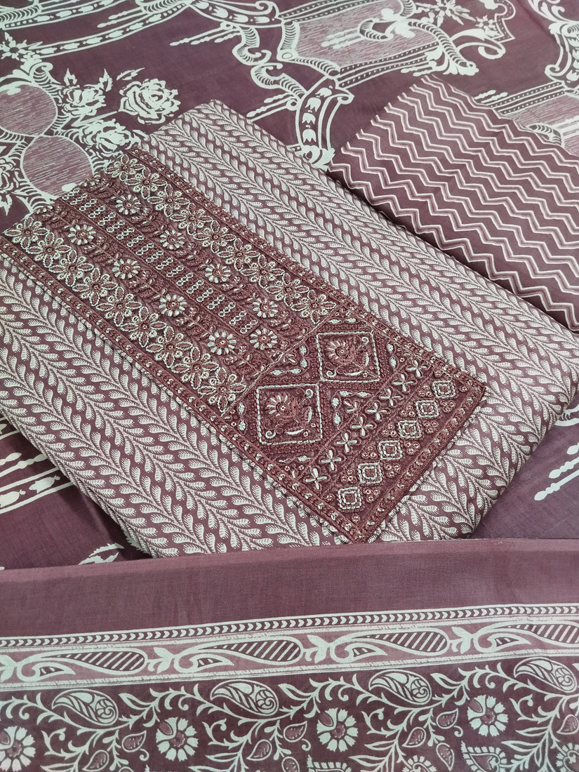 Sublime W Pure Cotton Embroidered, Printed Salwar Suit Material () – Dark Brown