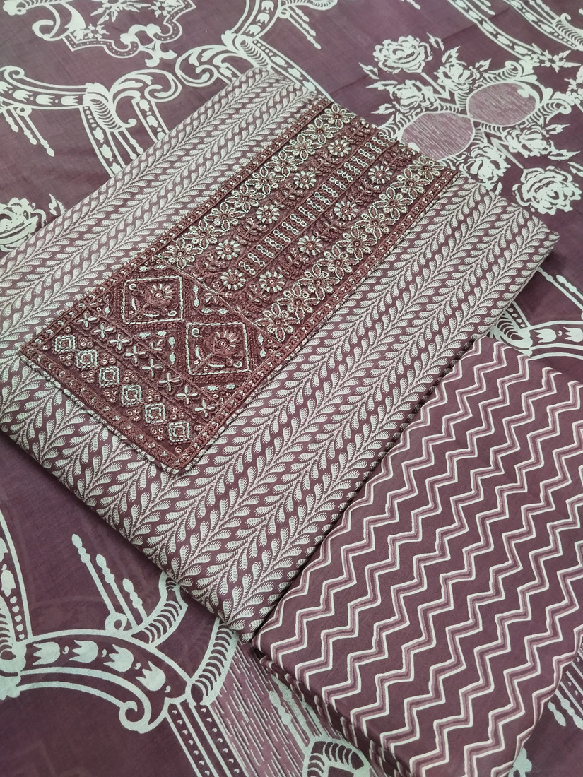 Sublime W Pure Cotton Embroidered, Printed Salwar Suit Material () – Dark Brown – view 2