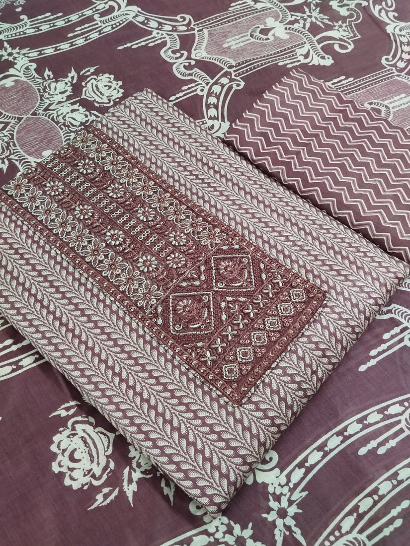 Sublime W Pure Cotton Embroidered, Printed Salwar Suit Material () – Dark Brown – view 3