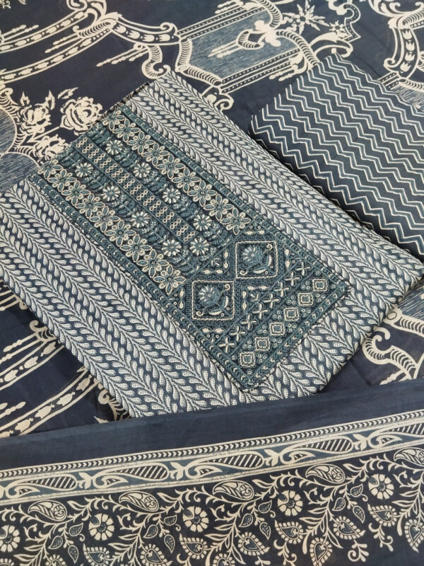 Sublime W Pure Cotton Embroidered, Printed Salwar Suit Material – Dark Grey Blue