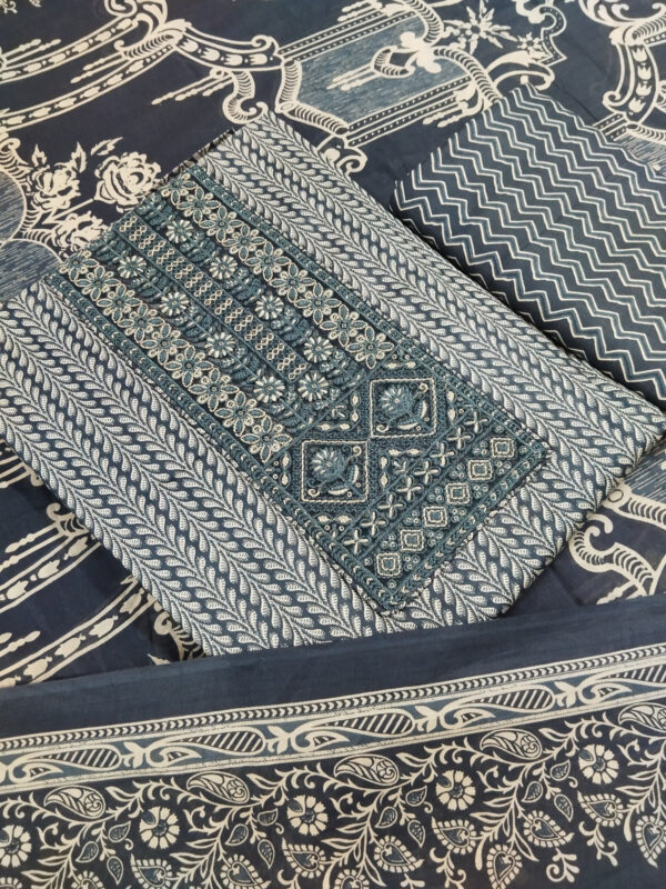 Sublime W Pure Cotton Embroidered, Printed Salwar Suit Material – Dark Grey Blue