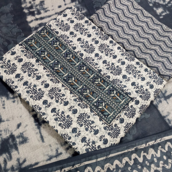 Sublime W Pure Cotton Embroidered, Printed Salwar Suit Material – Dark Grey Blue
