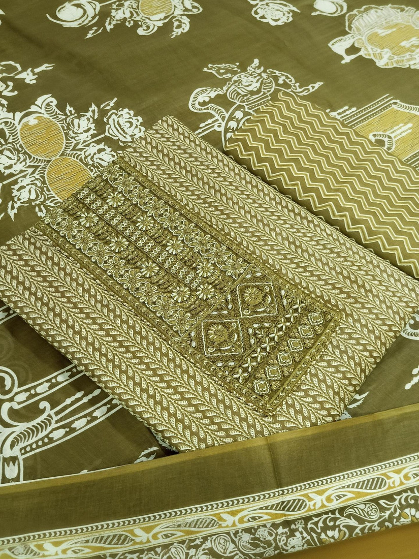Sublime W Pure Cotton Embroidered, Printed Salwar Suit Material () – Mehandi