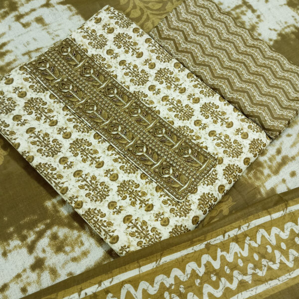 Sublime W Pure Cotton Embroidered, Printed Salwar Suit Material – Mehandi