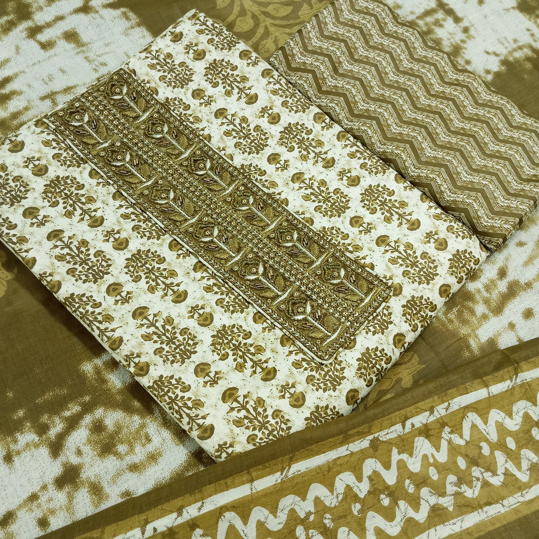 Sublime W Pure Cotton Embroidered, Printed Salwar Suit Material – Mehandi