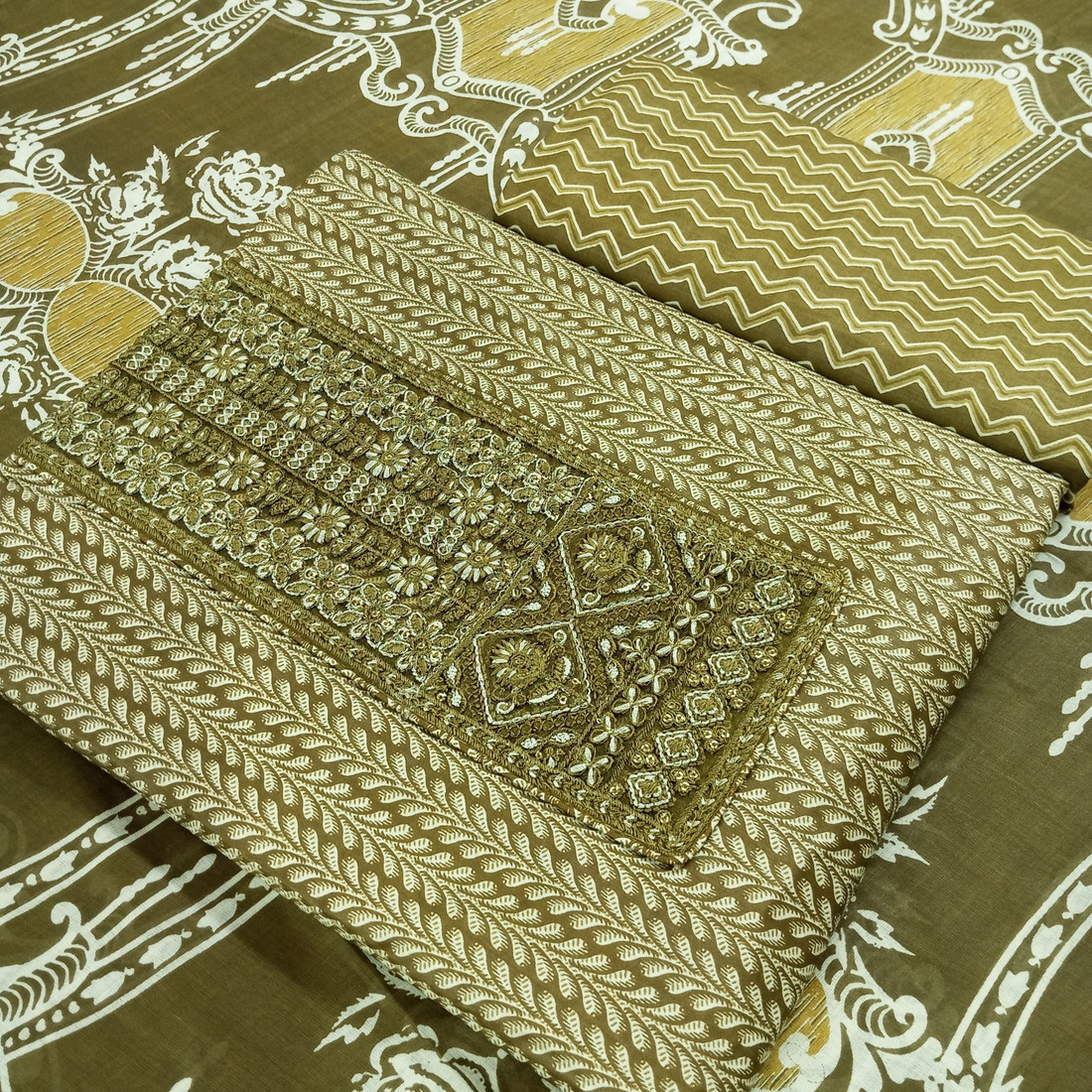 Sublime W Pure Cotton Embroidered, Printed Salwar Suit Material () – Mehandi – view 2