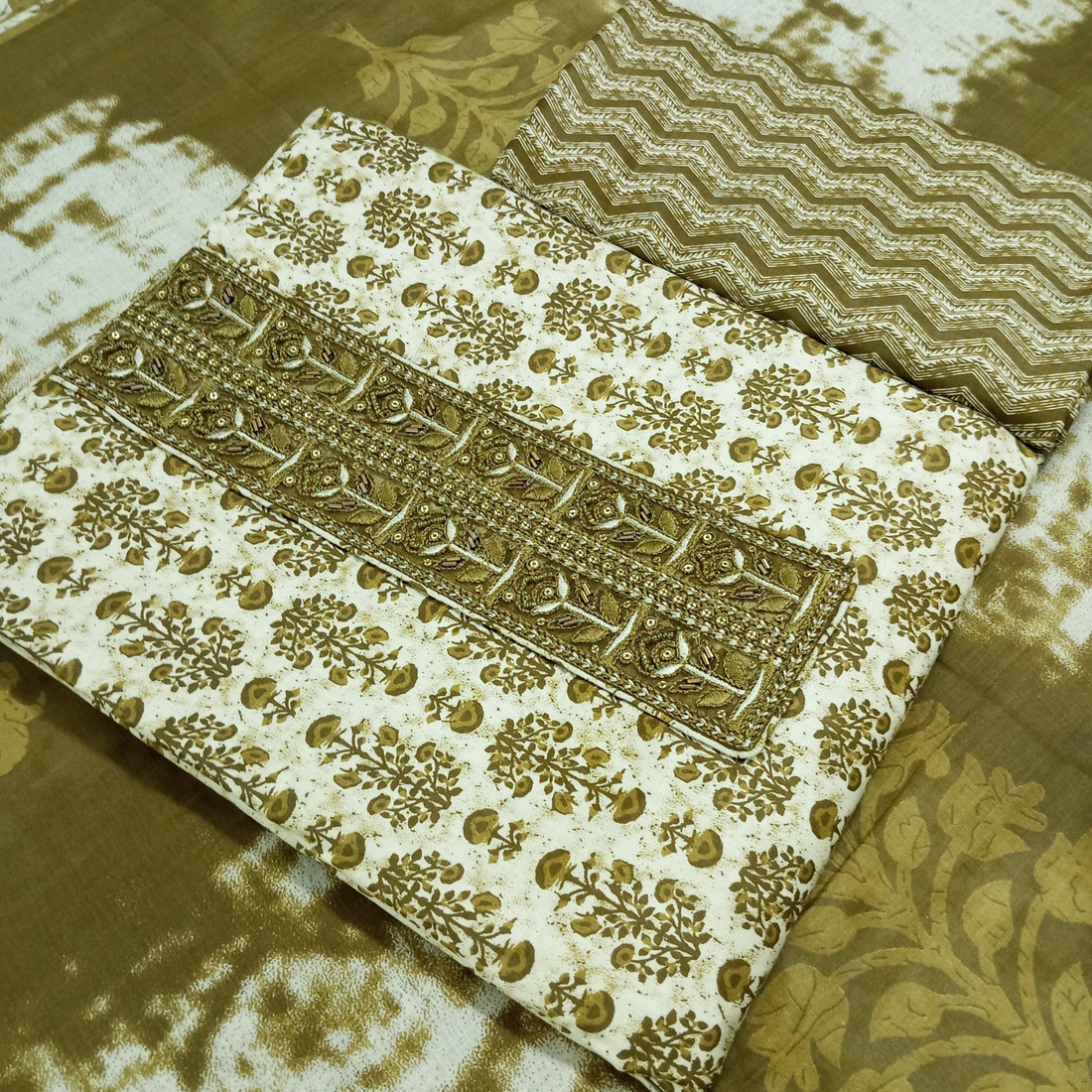 Sublime W Pure Cotton Embroidered, Printed Salwar Suit Material – Mehandi – view 2