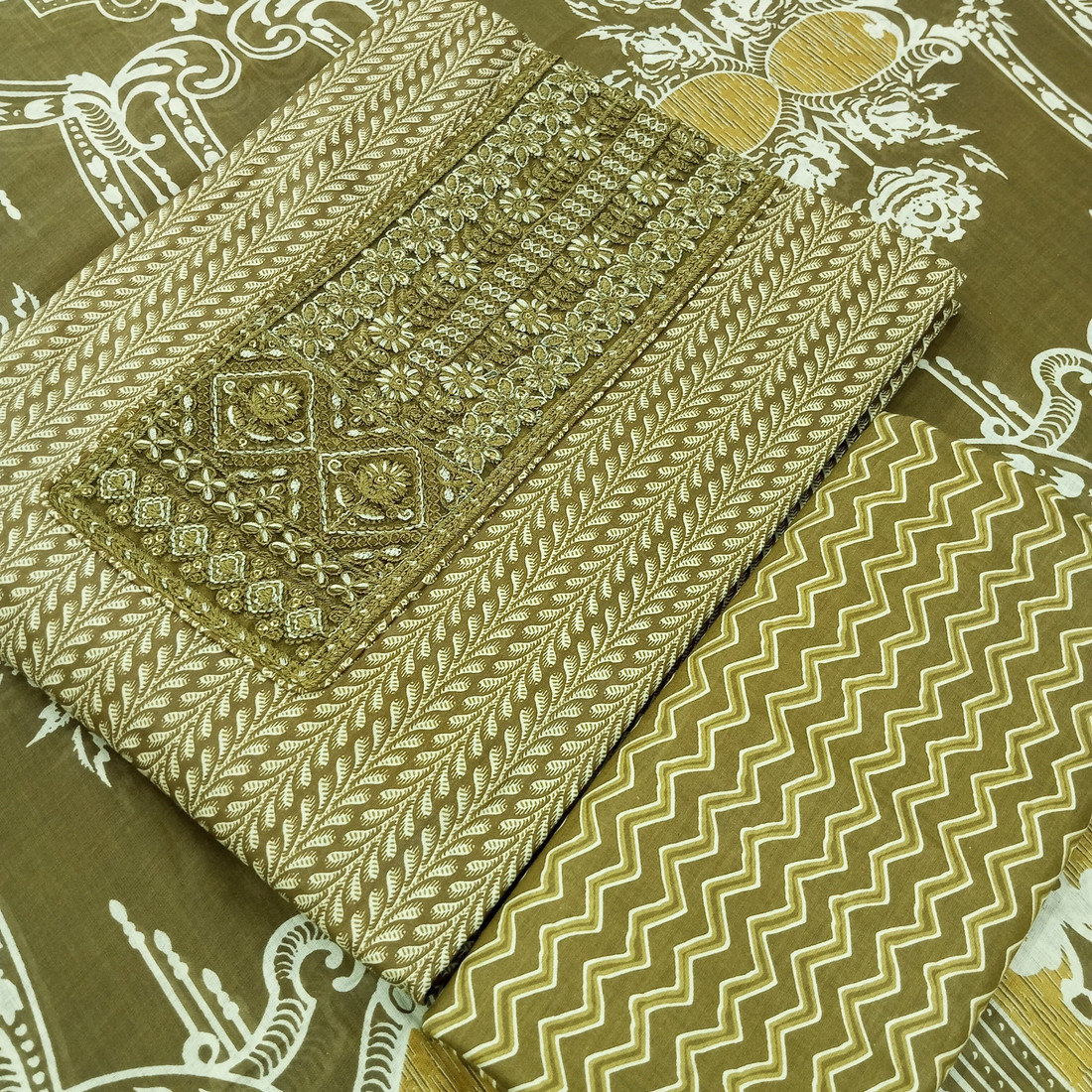 Sublime W Pure Cotton Embroidered, Printed Salwar Suit Material () – Mehandi – view 3