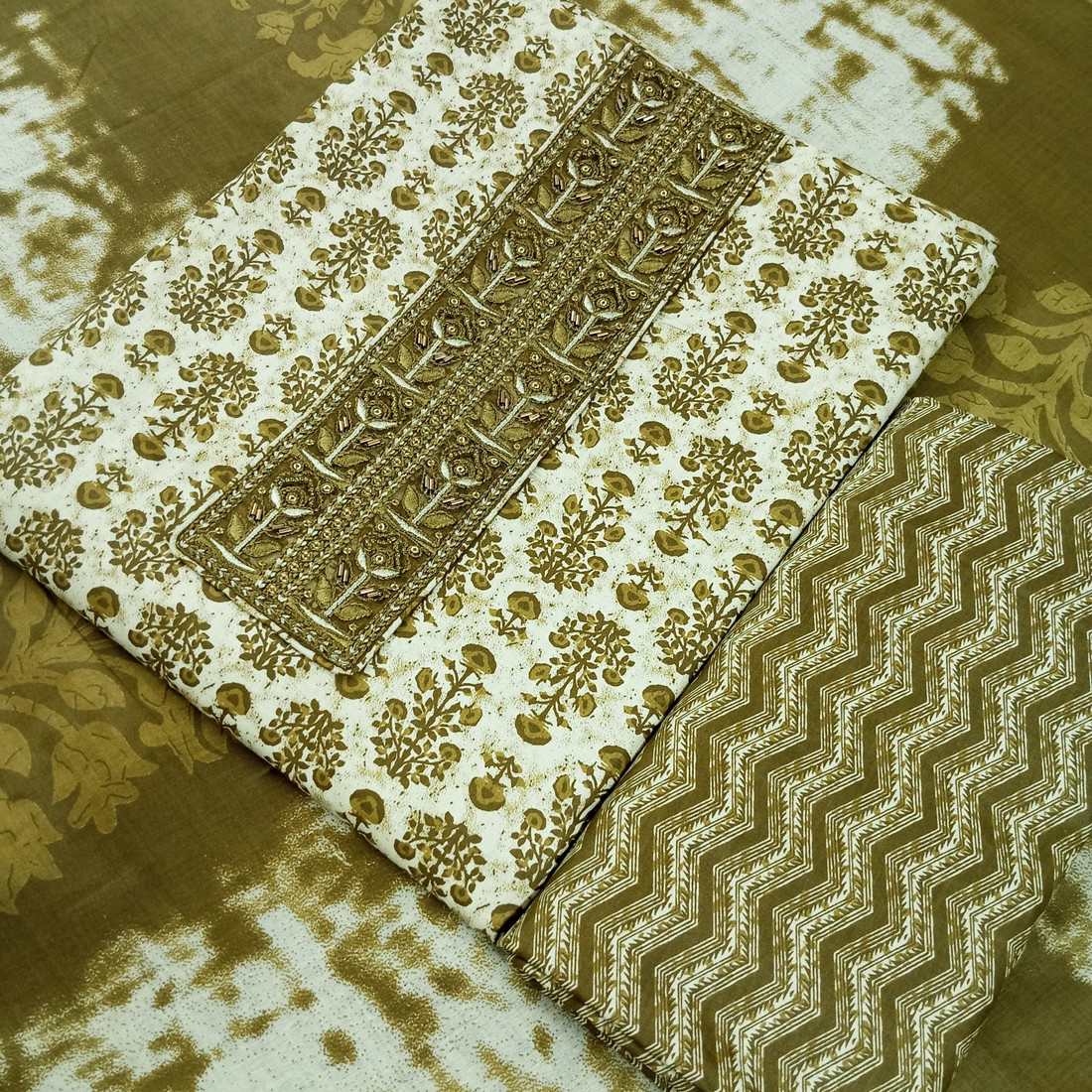 Sublime W Pure Cotton Embroidered, Printed Salwar Suit Material – Mehandi – view 3