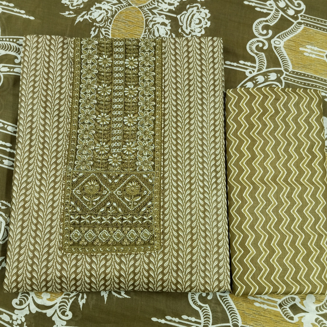 Sublime W Pure Cotton Embroidered, Printed Salwar Suit Material () – Mehandi – view 4