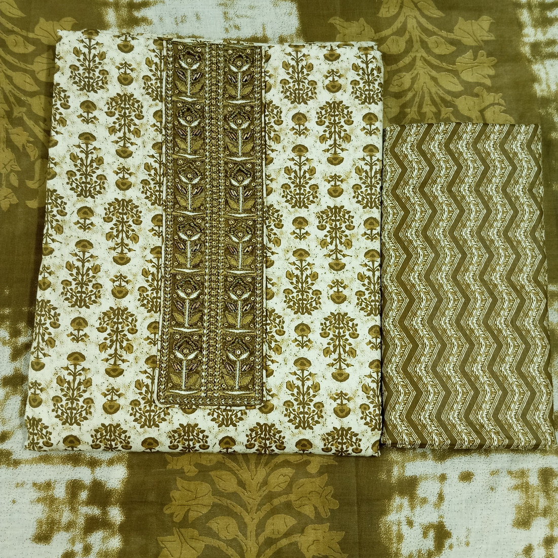 Sublime W Pure Cotton Embroidered, Printed Salwar Suit Material – Mehandi – view 4