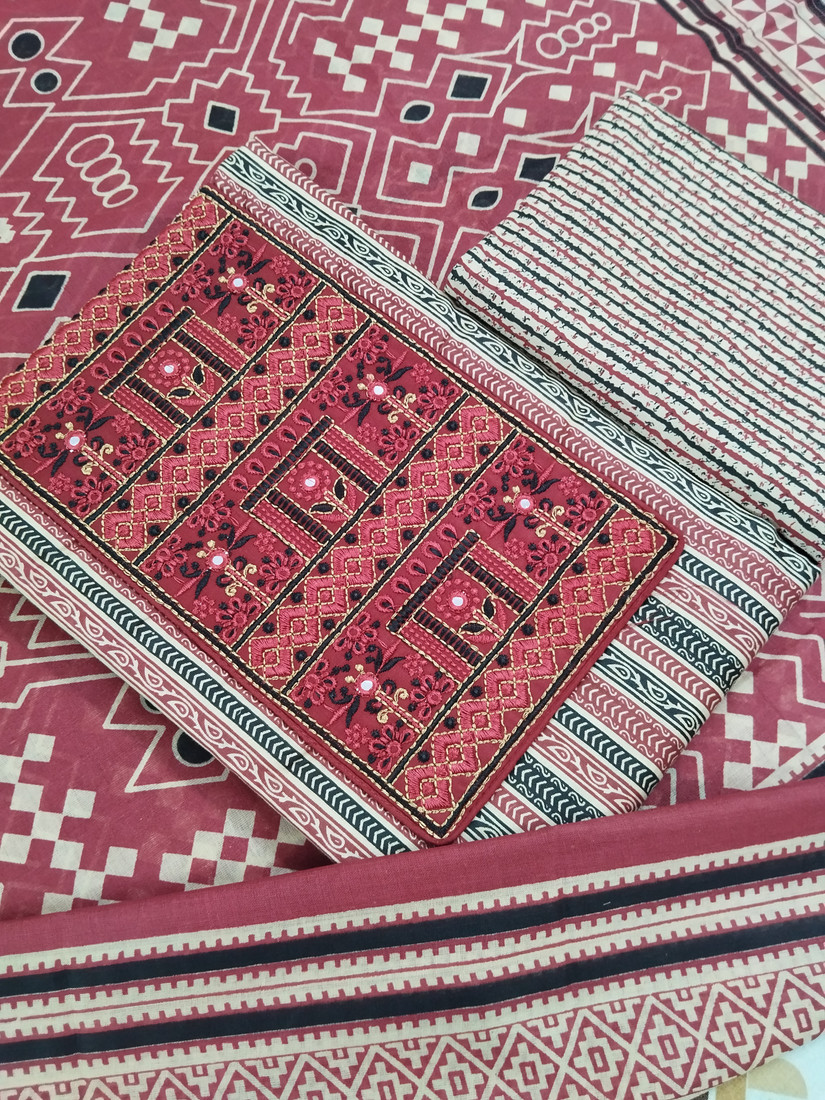 Sublime W Pure Cotton Embroidered, Printed Salwar Suit Material – Red – view 2