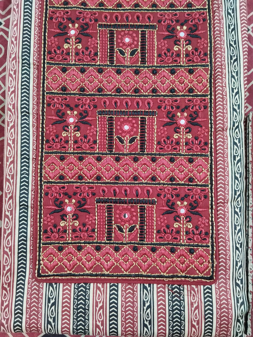 Sublime W Pure Cotton Embroidered, Printed Salwar Suit Material – Red – view 3