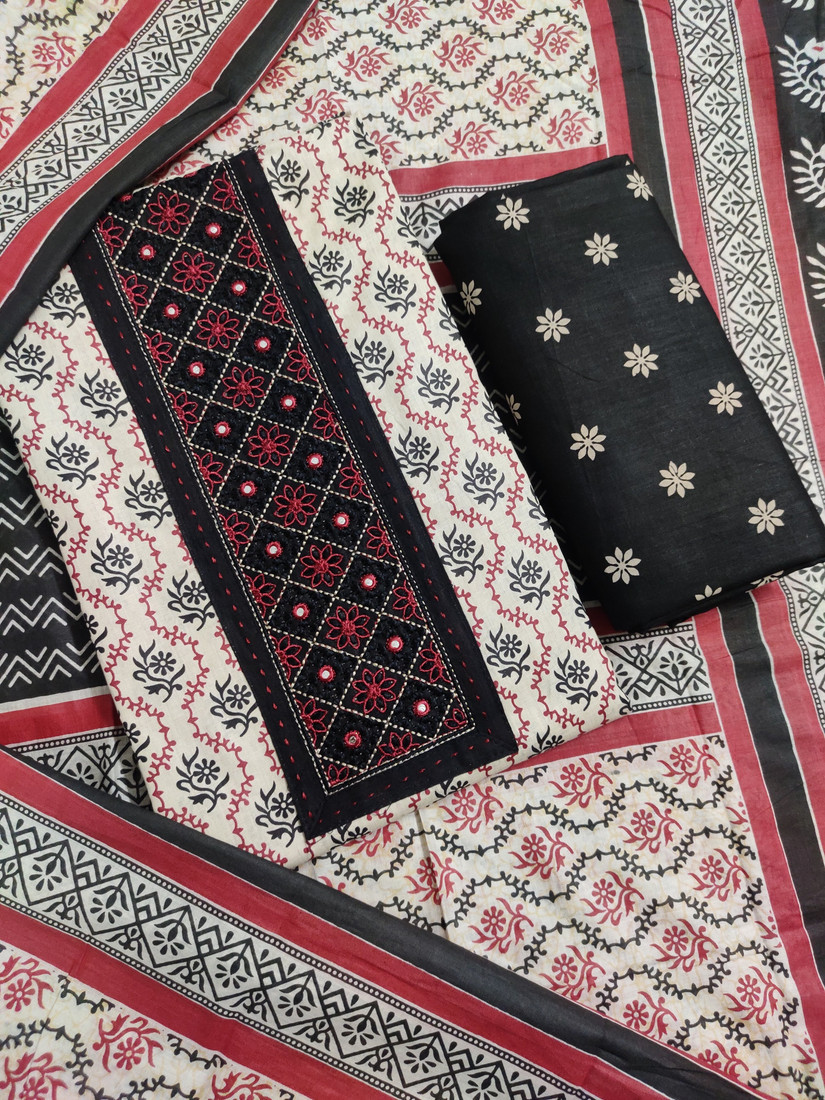 Sublime W Pure Cotton Embroidered Salwar Suit Material () – Black & Beige