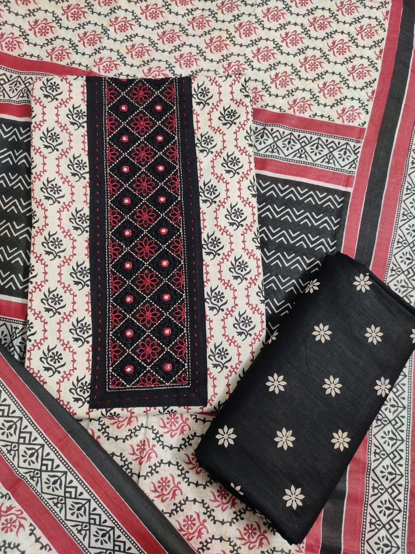 Sublime W Pure Cotton Embroidered Salwar Suit Material () – Black & Beige – view 2