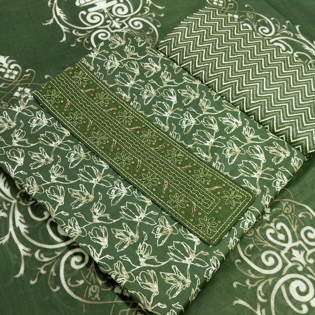 Sublime W Pure Cotton Embroidered Salwar Suit Material – Dark Green – view 2
