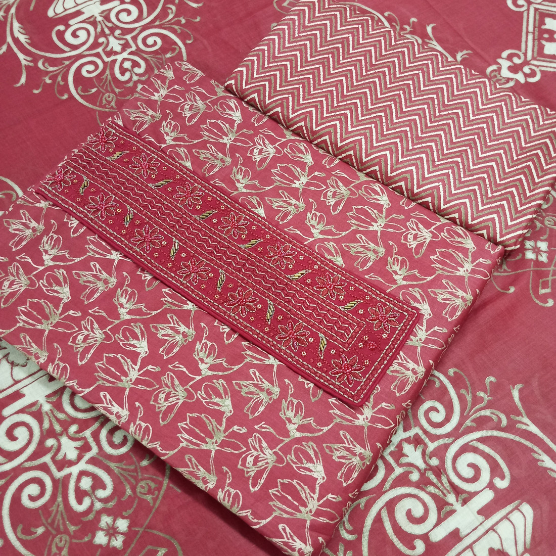 Sublime W Pure Cotton Embroidered Salwar Suit Material – Red – view 2