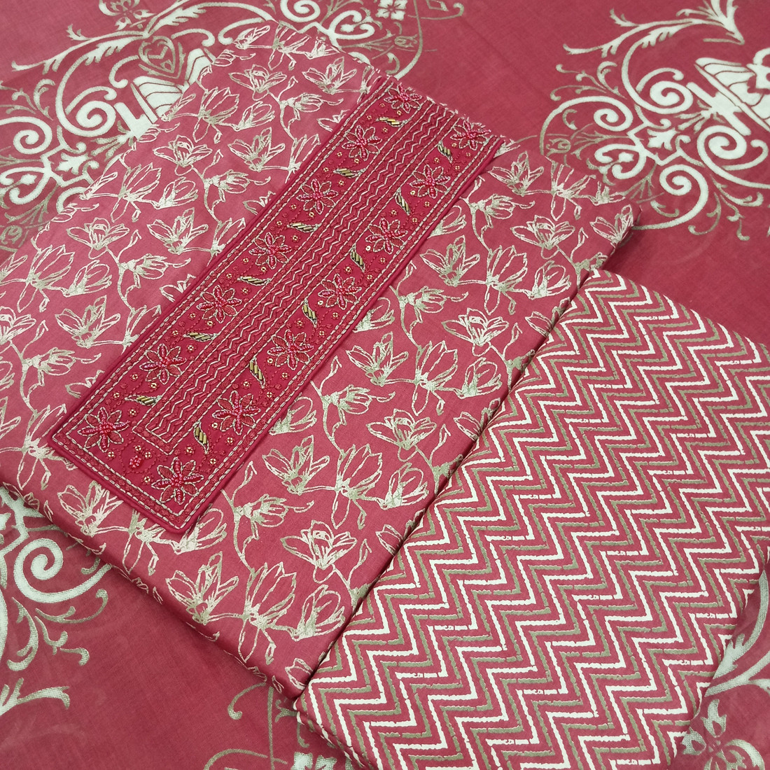 Sublime W Pure Cotton Embroidered Salwar Suit Material – Red – view 3