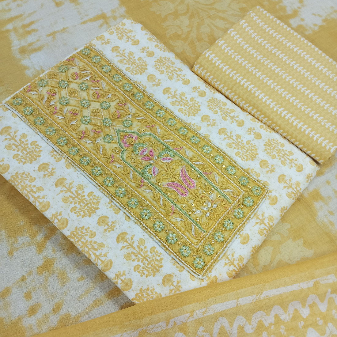 Sublime W Pure Cotton Embroidered Salwar Suit Material – Yellow