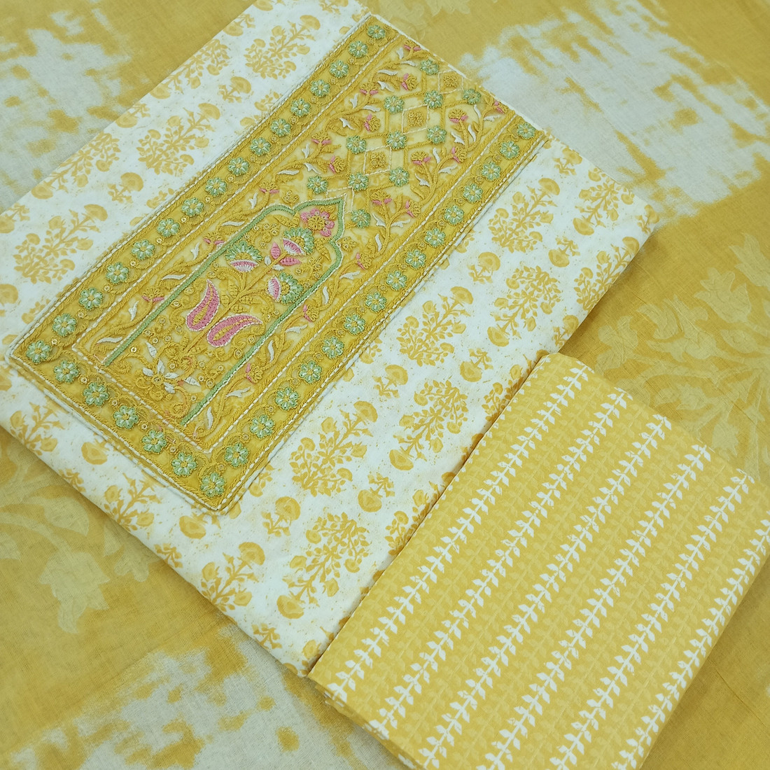 Sublime W Pure Cotton Embroidered Salwar Suit Material – Yellow – view 3
