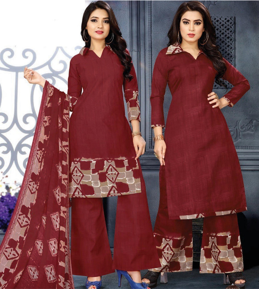 Sublime W Pure Cotton Printed Kurta & Palazzo Material () – Maroon – view 2