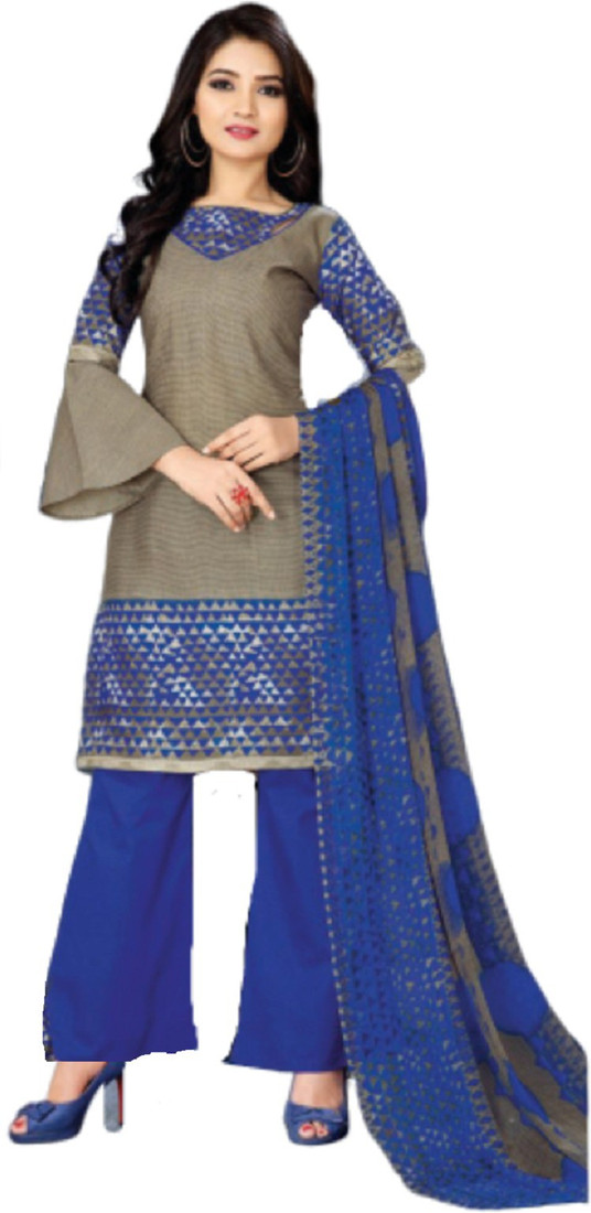 Sublime W Pure Cotton Printed Salwar Suit Material () – Blue and Light Brown