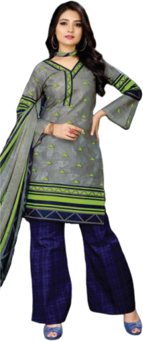 Sublime W Pure Cotton Solid, Printed Kurta & Palazzo Material () – Blue and Grey