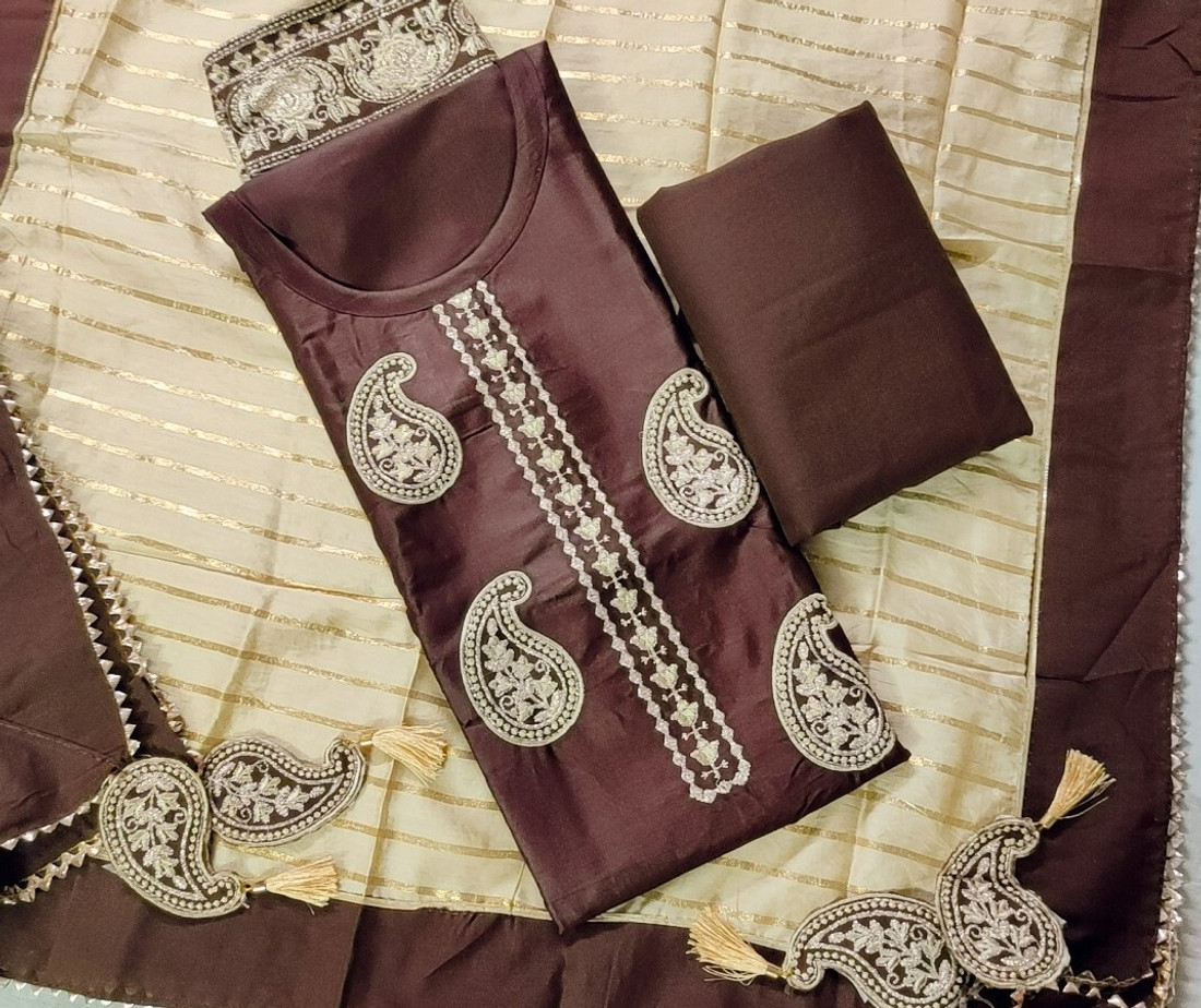 Sublime W Cotton Blend Embroidered Salwar Suit Material – Brown
