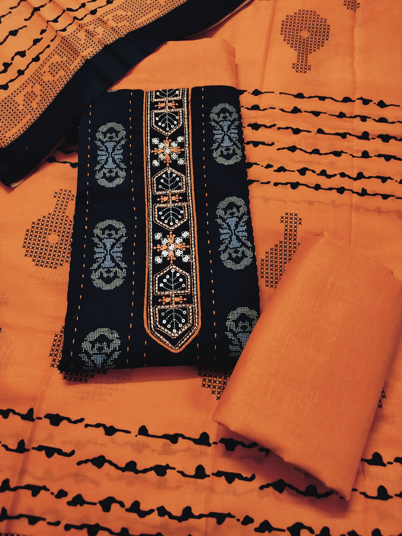 Sublime W Polycotton Embroidered Salwar Suit Material – Orange & Black
