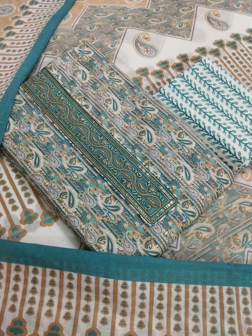 Sublime W Pure Cotton Embroidered Salwar Suit Material – Turquoise